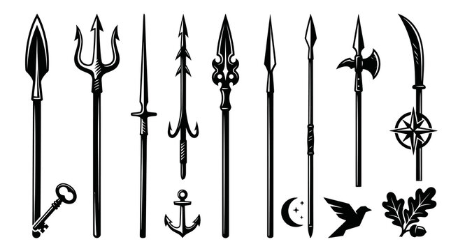 Historical  Fantasy Weapons and Symbols Vector Icon Set. Ancient Polearms, Spears, Trident, Heraldic Glyphs.