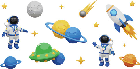 Cute Space Exploration and Astronaut Icon Set Including Rockets, Planets, Stars, Comets, UFOs, and Cartoon Astronaut Illustrations for Kids and Digital Space Designs. © Lipi