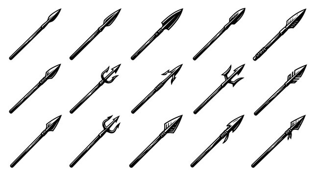 Collection of Spearheads, Tridents, and Arrowheads - Vintage Engraved Line Art for Historical  Fantasy Weapons