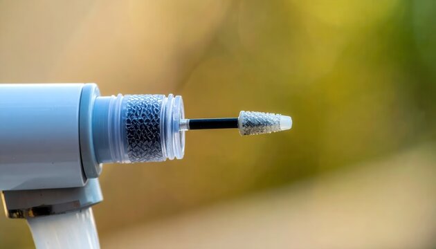 Close-up of a mascara wand with bristles extending from the tube, ready for lash application in soft natural light.