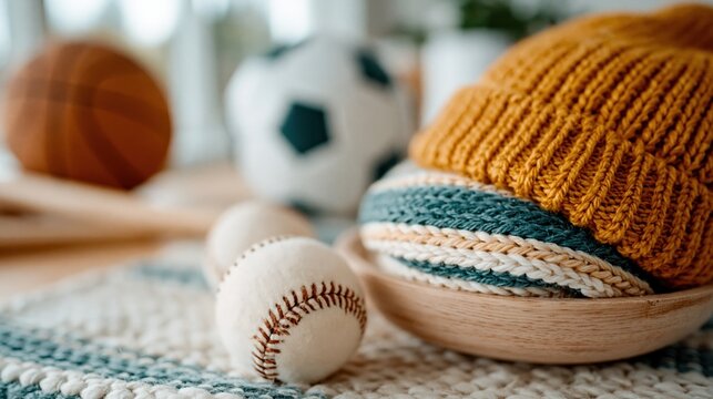 A vibrant flat-lay depiction of assorted sports equipment, including a soccer ball and baseball, paired with cozy knitted items, perfect for those who love sports and crafts.
