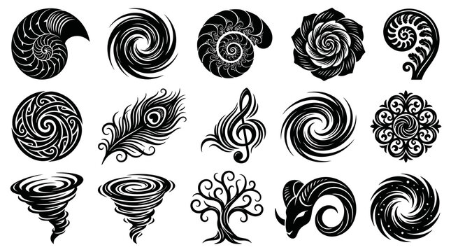 Black  White Vector Icons: Nature, Music, Zodiac, Abstract Swirls  Textures