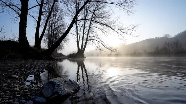 Morning landscape of calm river with leafless trees reflected in the still water on a misty day