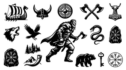 Obraz premium Viking Norse Mythology Black White Graphic Icon Set. Ancient Scandinavian Warrior Elements Vector Collection