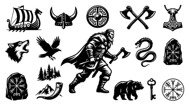 Viking Norse Mythology Black White Graphic Icon Set. Ancient Scandinavian Warrior Elements Vector Collection