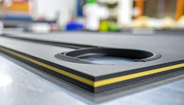 Precisely cut multilayered foam gasket with yellow accent detail, showcasing industrial material manufacturing in a workshop setting.