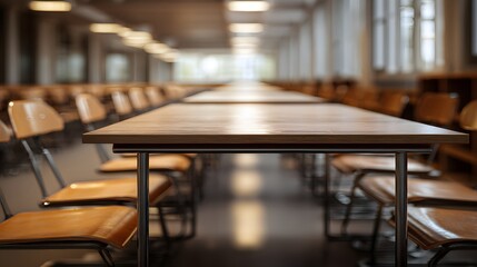 Fototapeta premium Empty cafeteria tables and chairs in modern dining hall.