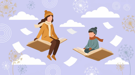Fototapeta premium Whimsical winter scene with a woman and boy flying on books