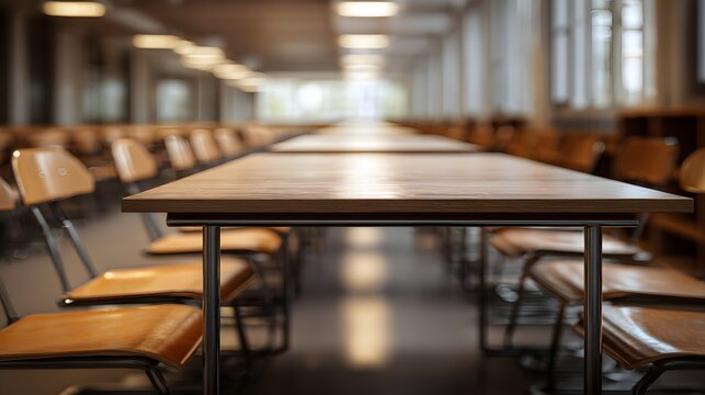 Empty cafeteria tables and chairs in modern dining hall.