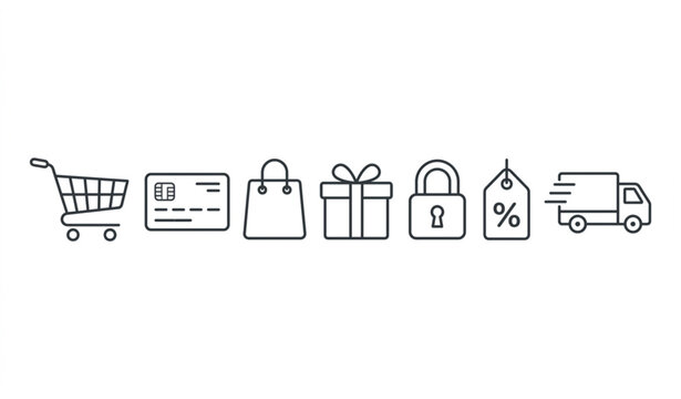 Editable shopping and e-commerce vector icon set with line art illustrations for online store and retail design