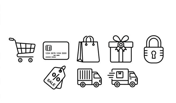 Editable shopping and e-commerce vector icon set with line art illustrations for online store and retail design