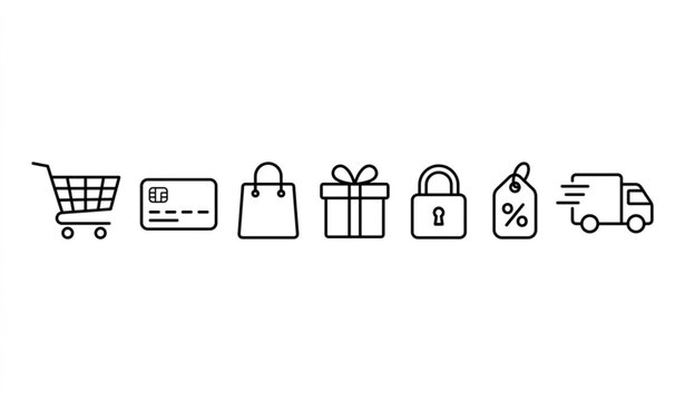 Editable shopping and e-commerce vector icon set with line art illustrations for online store and retail design