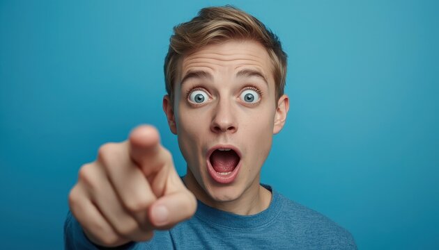 Young man with shocked expression pointing at the camera against a blue background pointing finger wide eyed intense stare pointing expression background surprised surprise astonished