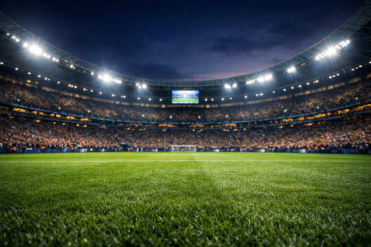 Soccer stadium with a full crowd at night illuminated field and large video screen
