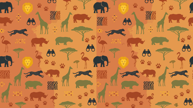 Vibrant African Safari Wildlife Pattern with Elephants Giraffes Rhinos and Leopards.