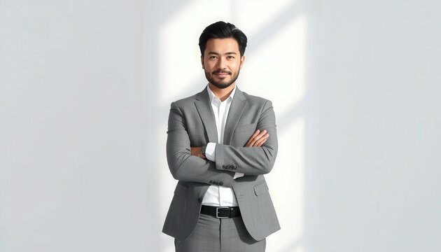 Man in a grey suit and white shirt standing with arms crossed against a white background with shadows one person full length business professional portrait confident clothing corporate