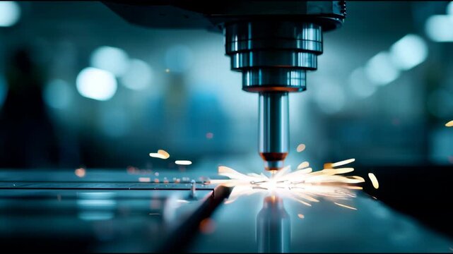 Robotic Manufacturing Metal Factory Cutting Tool Spark Industrial Machine Automation Close Up Precision Automated Production Line Blue Light Steel Fabrication Laser Cutting