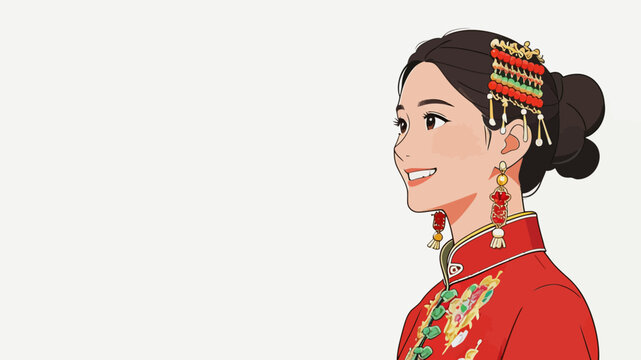 Traditional Chinese bride in wedding dress with decorative hair accessories