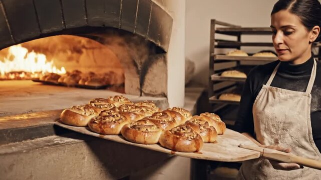 Woman baking bread traditional oven and freshly baked goods