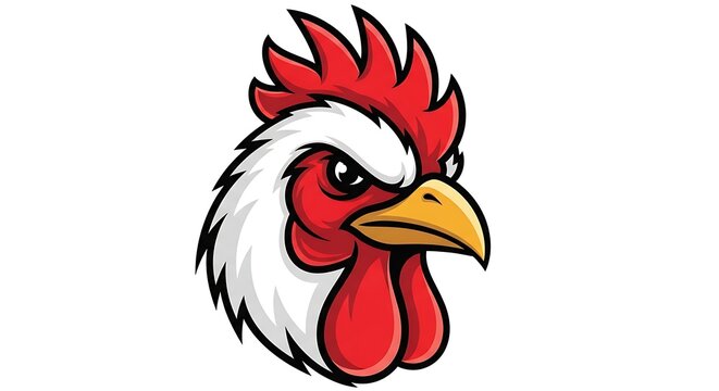 Cartoon angry rooster head illustration closeup.