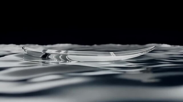 Transparent Acrylic Surfboard Floating on Liquid Silver in Black Ocean Background