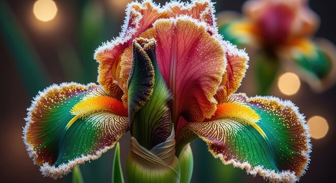 A vibrant iris flower with a delicate, intricate pattern of petals and a central stamen, set against a blurred background of bokeh lights.