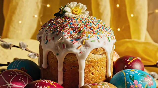 Decorated Easter cake and painted eggs on a festive table.