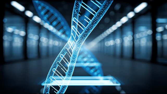Futuristic genetic research lab with glowing dna helix, blue light corridor, dna strand, and science corridor for SEO searchable upload title