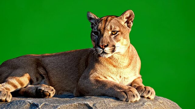 Close-Up of a Resting Cougar on a Rocky Surface with a Vibrant Green Background
