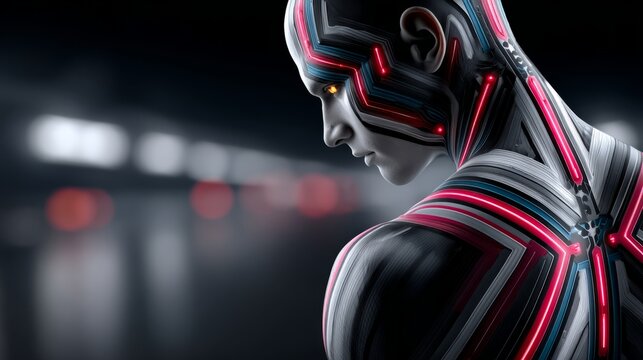 Futuristic robot with glowing circuits engages in a technological evolution narrative
