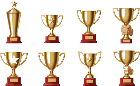 Gold Trophy and Award Illustration Set Featuring Various Shapes and Sizes of Trophies with Red Bases, Stars, Shields, and Hand-Held Designs for Sports, Ach