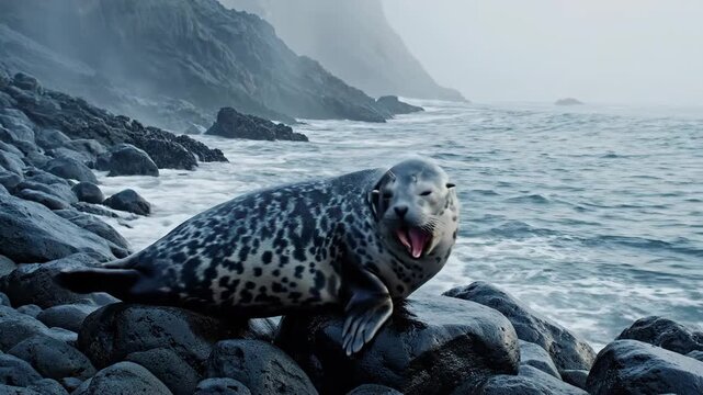 Seal basking on a rocky shore with mouth open