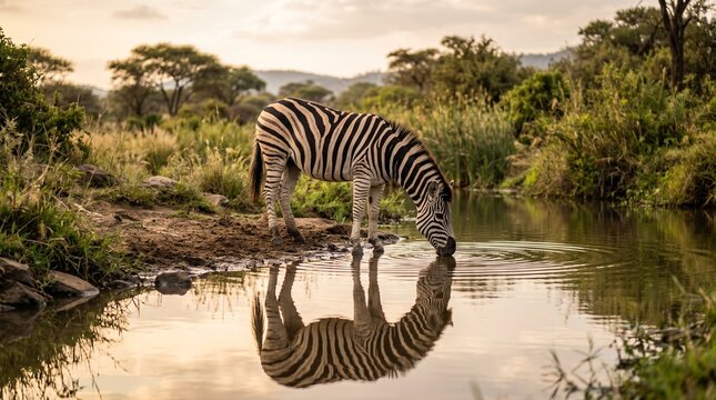 Zebra drinking water reflection