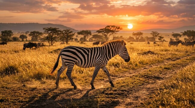 Zebra walking across african savanna sunset