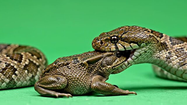Close-Up of a Snake Capturing a Toad in a Vibrant Green Background Showcasing Unique Textures and Colors of Both Creatures in a Natural Hunting Scenario