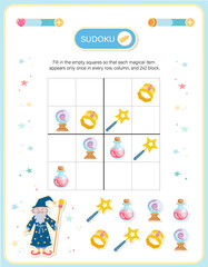 Obraz premium A 6x6 visual sudoku worksheet for children featuring royal cat characters and colorful food bowls. This educational activity focuses on developing logical thinking, pattern recognition.