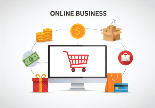 Online shopping business illustration with computer illustration