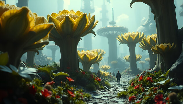 Futuristic Fantasy Landscape with Giant Flower Trees and Distant City