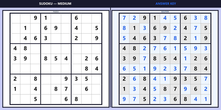 Sudoku. Medium Difficulty Sudoku Puzzle with Solution Key