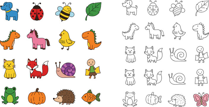 Cute Animal and Nature Icon Set Featuring Dogs, Cats, Horses, Foxes, Birds, Snails, Dinosaurs, Insects, Leaves, Pumpkin, Hedgehog, Fish, and Butterfly in Colorful