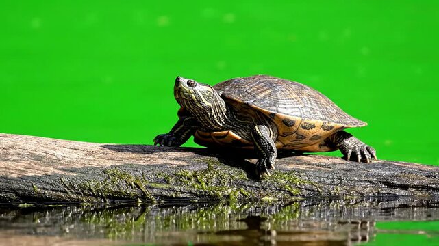 Close-Up of a Turtle Resting on a Log in a Vibrant Green Pond Surrounded by Natural Vegetation