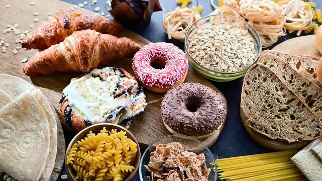Composition with variety of food products containing gluten.