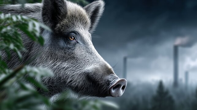 Wild boar observes industrial landscape from the edge of the forest during twilight hours