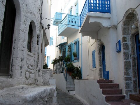 street view in the village of Mandraki on Nisyros island Greece