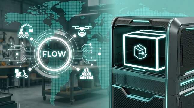 A smart storage pod with Parcel icons and glowing tracking system, micro business logistics inventory and fulfillment technology