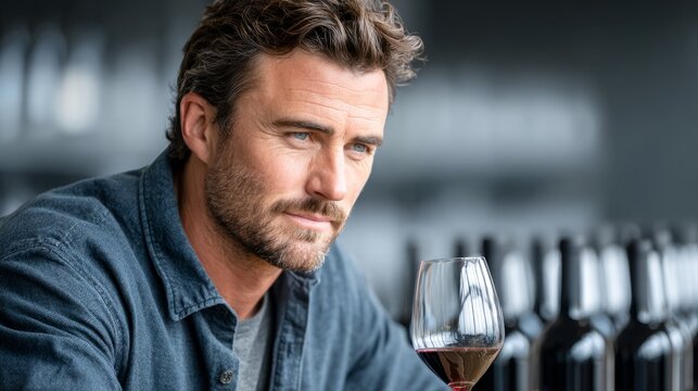 Man tasting wine in a winery, focused on flavor and aromas while reflecting on his experience