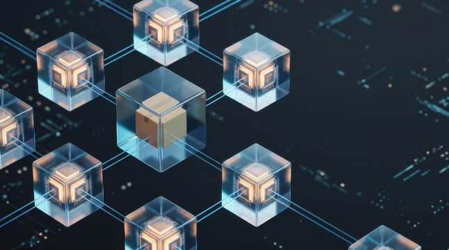 A floating data cubes with a glowing package and network lines, micro business logistics AI logistics technology