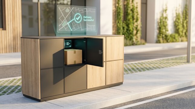 A smart locker hub with Parcel and delivery map interface, micro business logistics sustainable last mile delivery