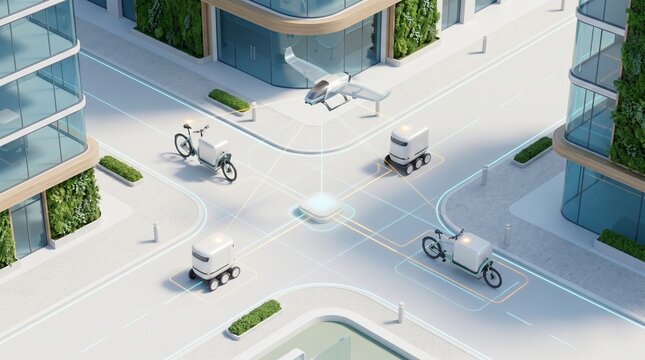 A delivery robots and drone connected by glowing city network, micro business logistics smart mobility system