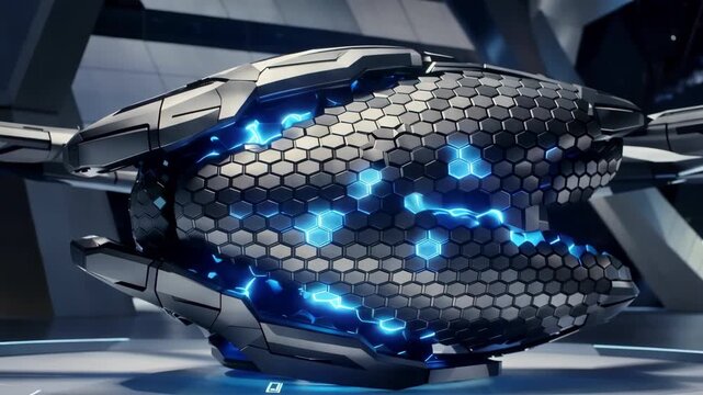 Futuristic Drone with Smart Metal Armor and Glowing Blue Hex Pattern Design